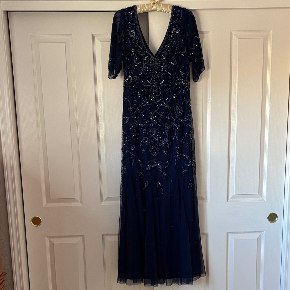 Adrianna Papell Midnight Blue Beaded Maxi Dress